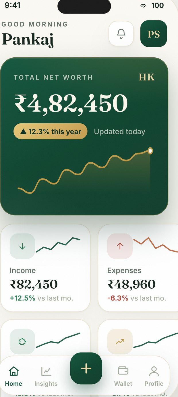 HomeKhata dashboard — total net worth with a living gold chart