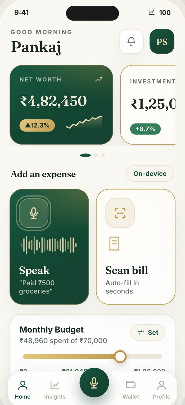 HomeKhata add-an-expense screen — speak or scan a bill, processed on device